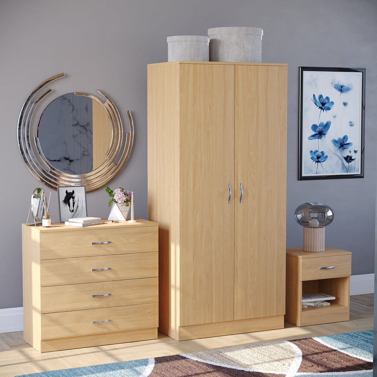 Riano Pine Bedroom Furniture Set with 1 Drawer Bedside, 4 Drawer Chest and 2 Door Wardrobe
