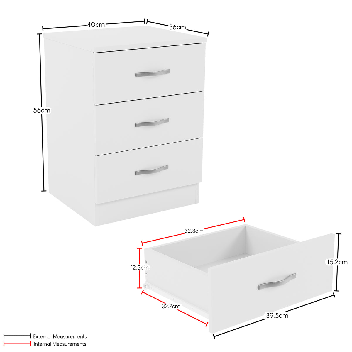 Riano 3-Drawer Bedside Chest, White