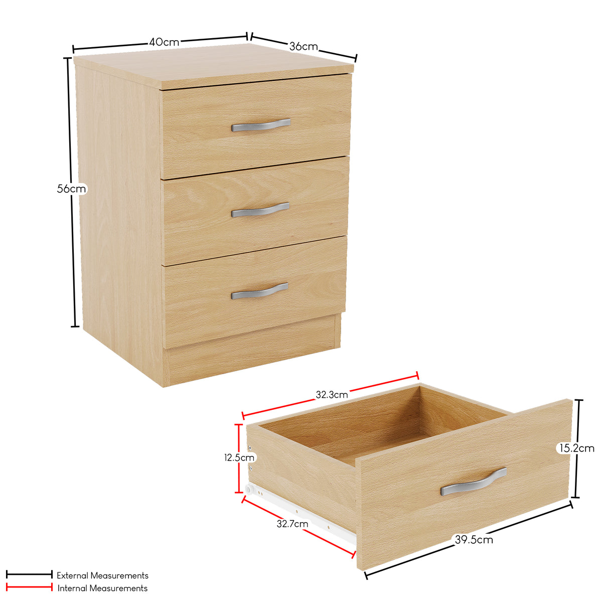 Riano 3-Drawer Bedside Chest, Pine