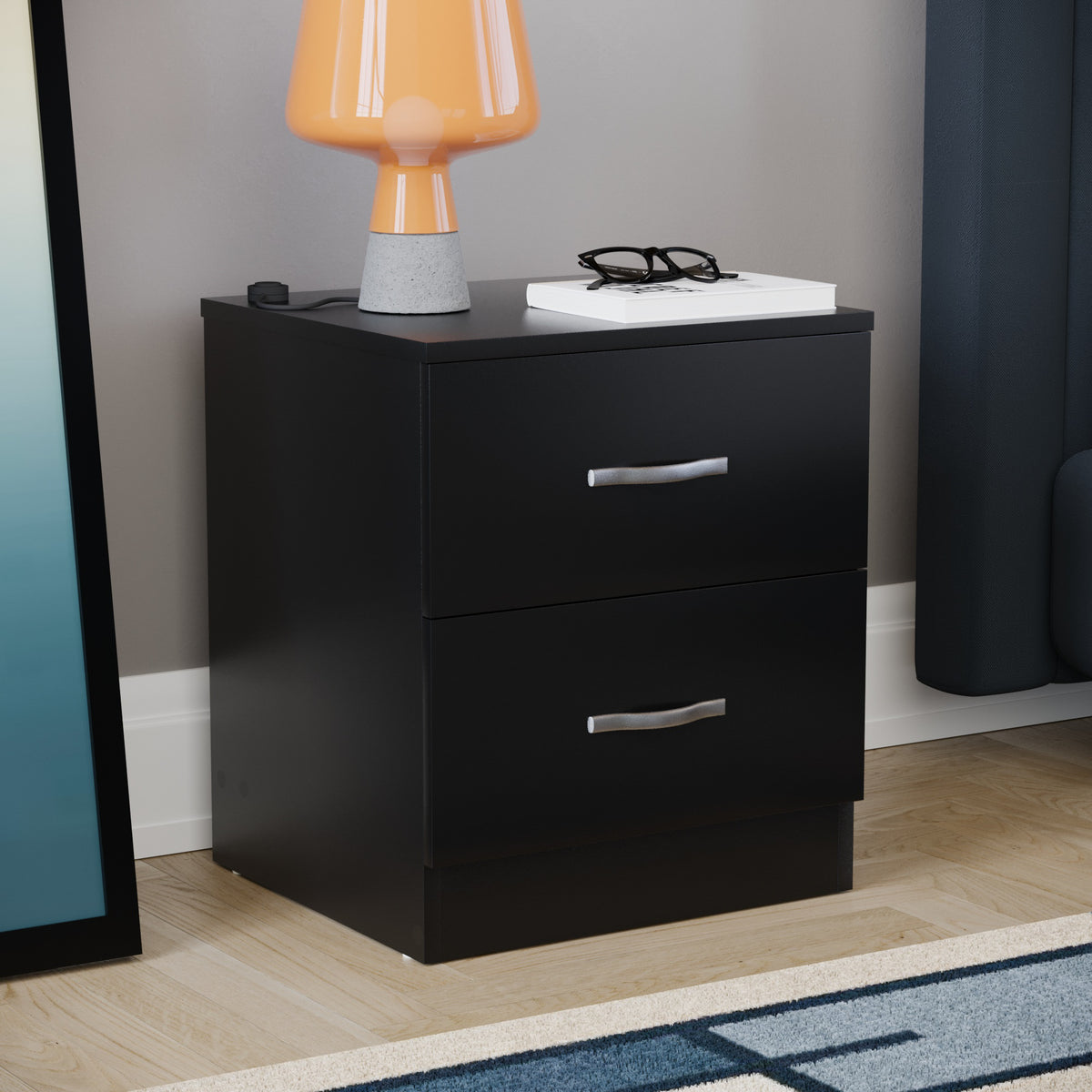 Riano 2 Drawer  Bedside Chest Black Bedroom Storage Unit
