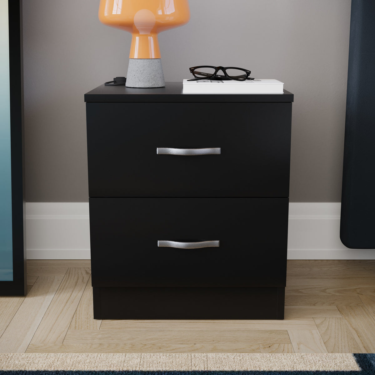 Riano 2 Drawer  Bedside Chest Black Bedroom Storage Unit
