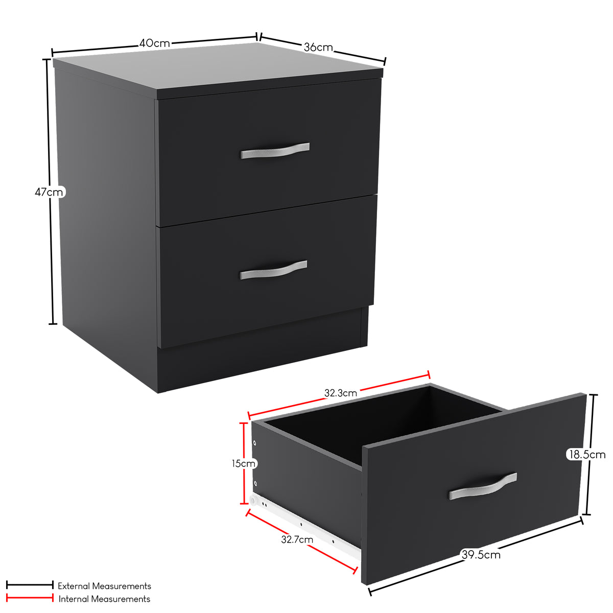 Riano 2 Drawer  Bedside Chest Black Bedroom Storage Unit
