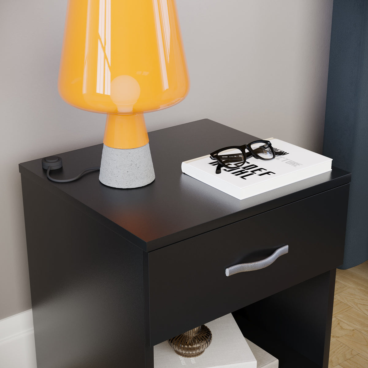 Riano 1 Drawer  Bedside Chest Black Bedroom Storage Unit
