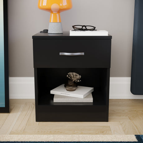 Riano 1 Drawer  Bedside Chest Black Bedroom Storage Unit
