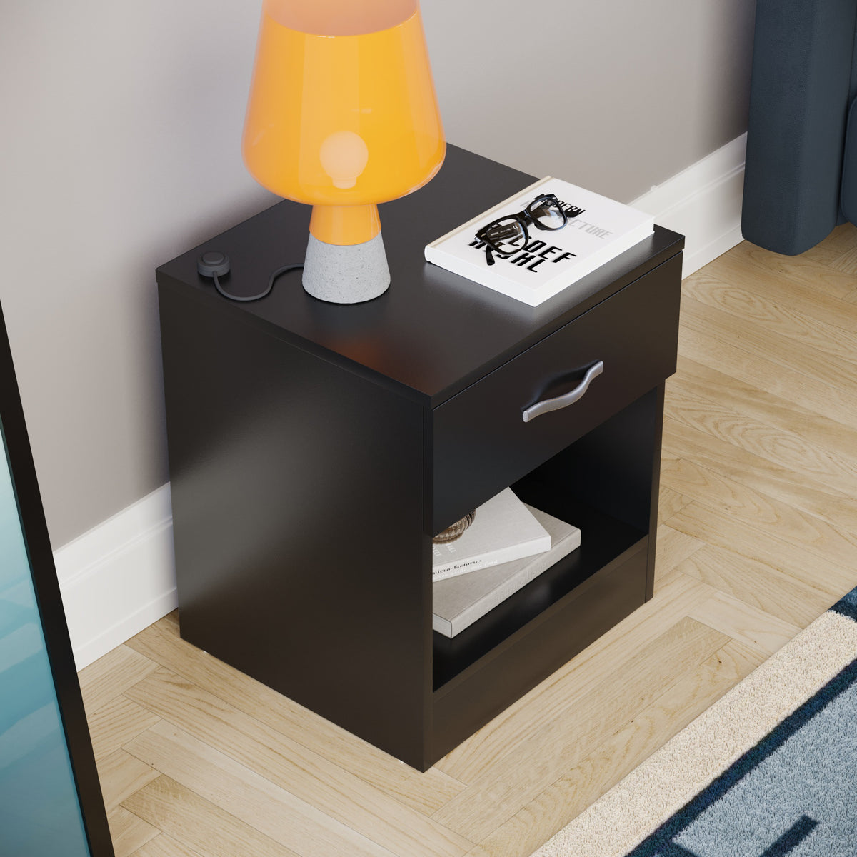 Riano 1 Drawer Bedside Chest Black Bedroom Storage Unit
