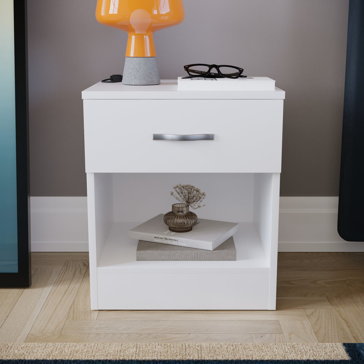 Riano 1 Drawer Bedside Chest White Bedroom Storage Unit