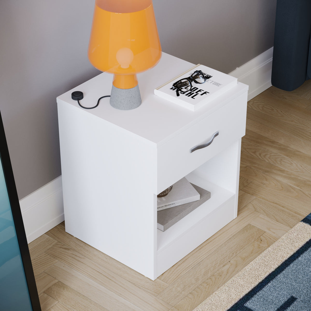 Riano 1 Drawer Bedside Chest White Bedroom Storage Unit