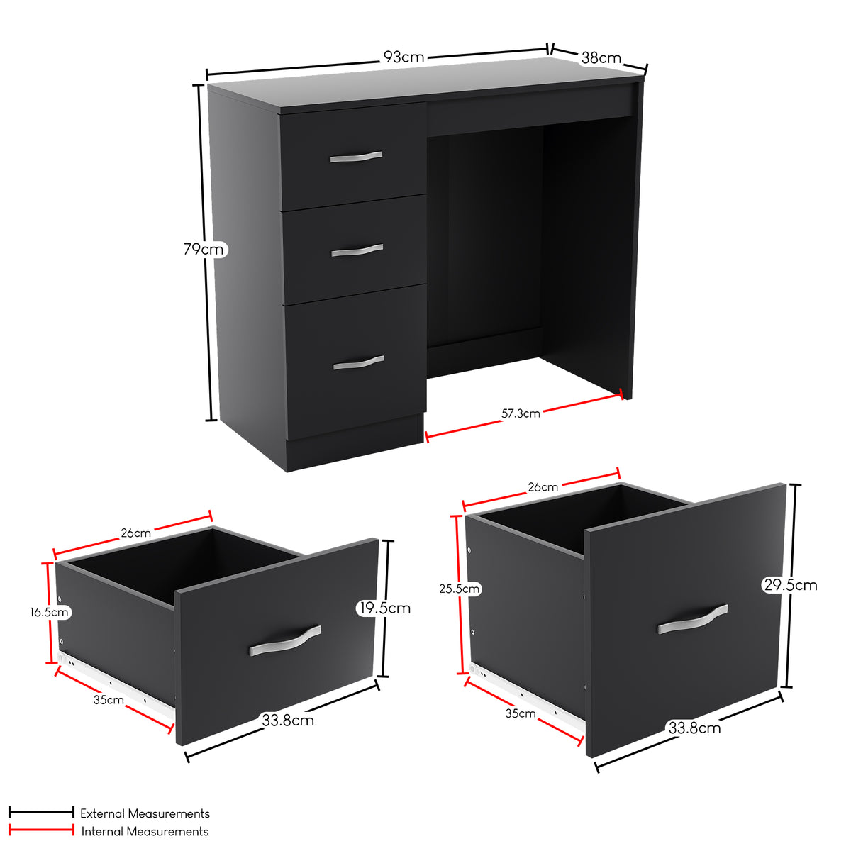 Riano 3-Drawer Dressing Table - Black