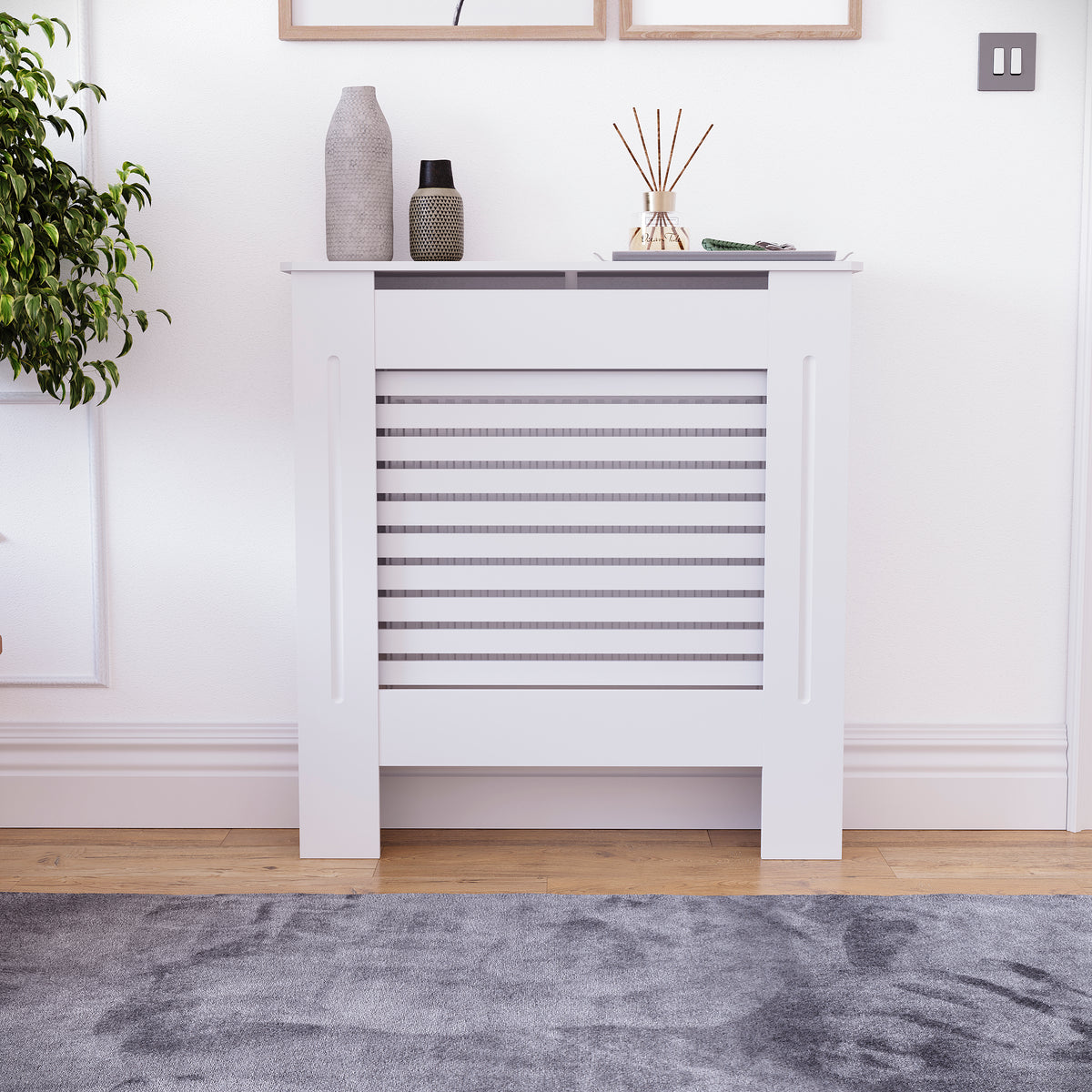 Milton Radiator Cover - White, Small, Horizontal Grille Design

