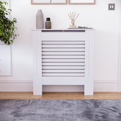 Milton Radiator Cover - White, Small, Horizontal Grille Design
