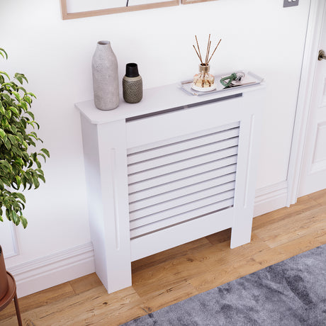 Milton Radiator Cover - White, Small, Horizontal Grille Design
