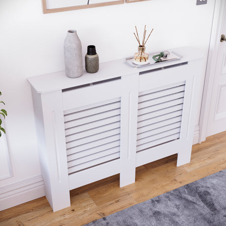 Milton Radiator Cover - White, Medium, Horizontal Grille Design
