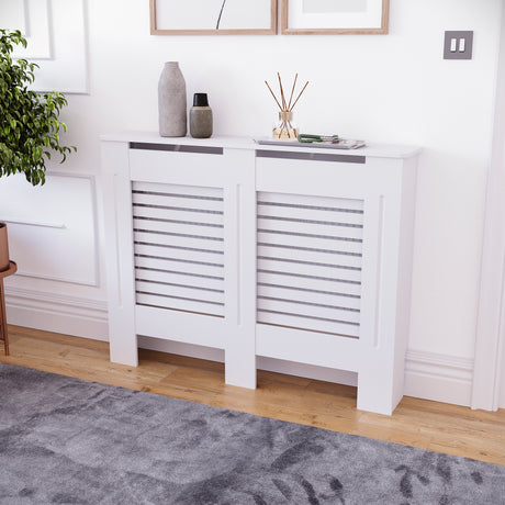 Milton Radiator Cover - White, Medium, Horizontal Grille Design
