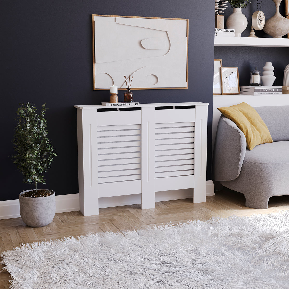 Milton Radiator Cover - White, Medium, Horizontal Grille Design
