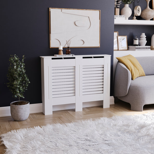 Milton Radiator Cover - White, Medium, Horizontal Grille Design
