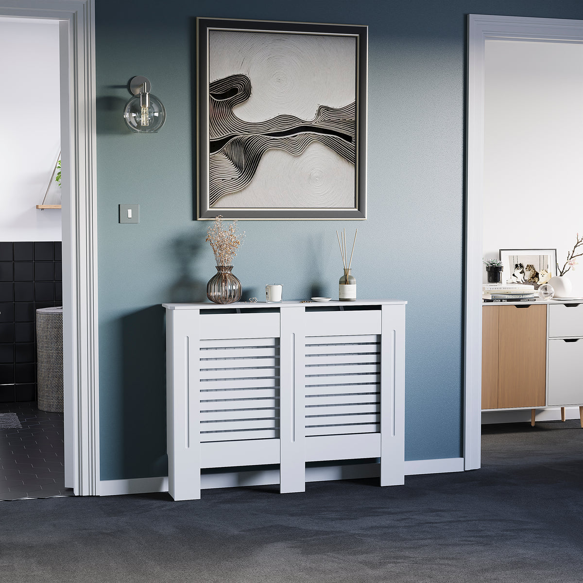 Milton Radiator Cover - White, Medium, Horizontal Grille Design
