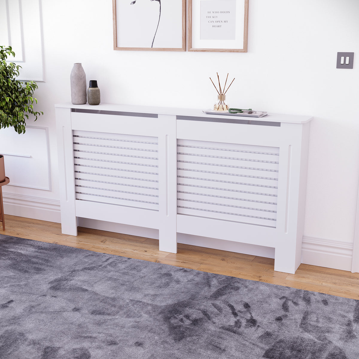 Milton Radiator Cover - White, Large, Horizontal Grille Design
