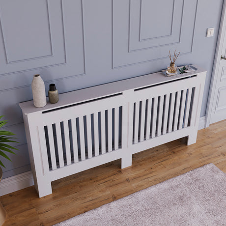 Extra Large White Chelsea radiator cover with decorative slatted front.
