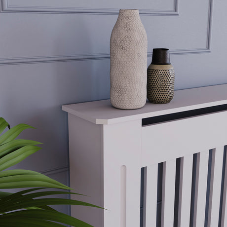 Extra Large White Chelsea radiator cover with decorative slatted front.
