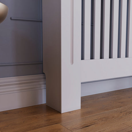 Extra Large White Chelsea radiator cover with decorative slatted front.

