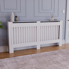 Extra Large White Chelsea radiator cover with decorative slatted front.
