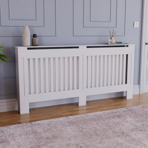 Extra Large White Chelsea radiator cover with decorative slatted front.
