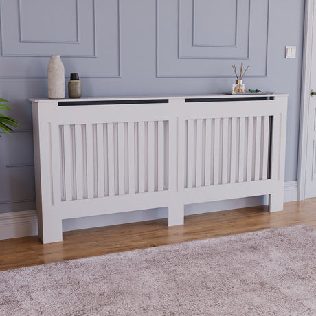 Extra Large White Chelsea radiator cover with decorative slatted front.
