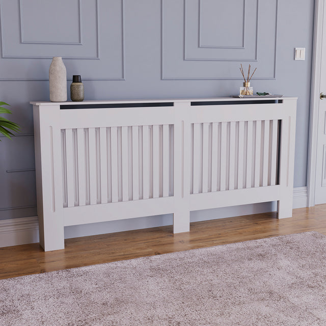 Extra Large White Chelsea radiator cover with decorative slatted front.
