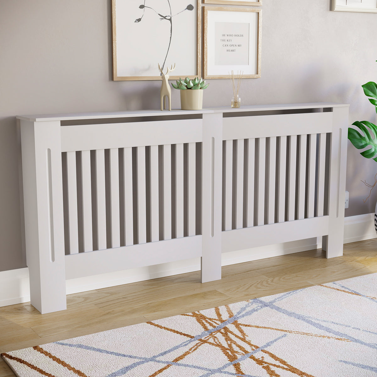 Extra Large White Chelsea radiator cover with decorative slatted front.
