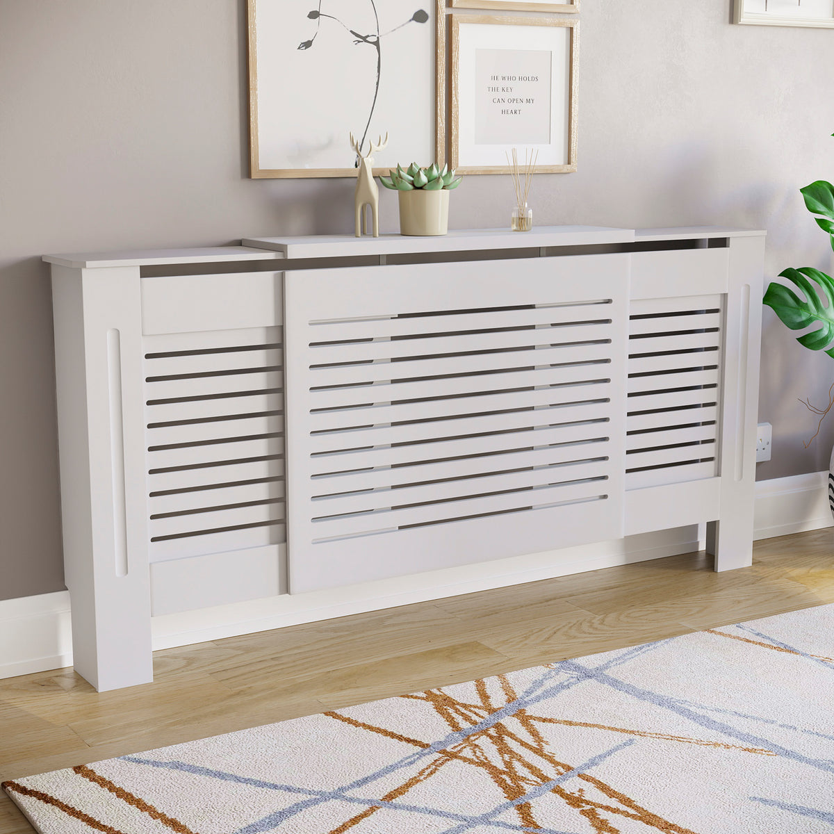 Milton Radiator Cover - White, Adjustable, Horizontal Grille Design

