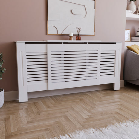 Milton Radiator Cover - White, Adjustable, Horizontal Grille Design
