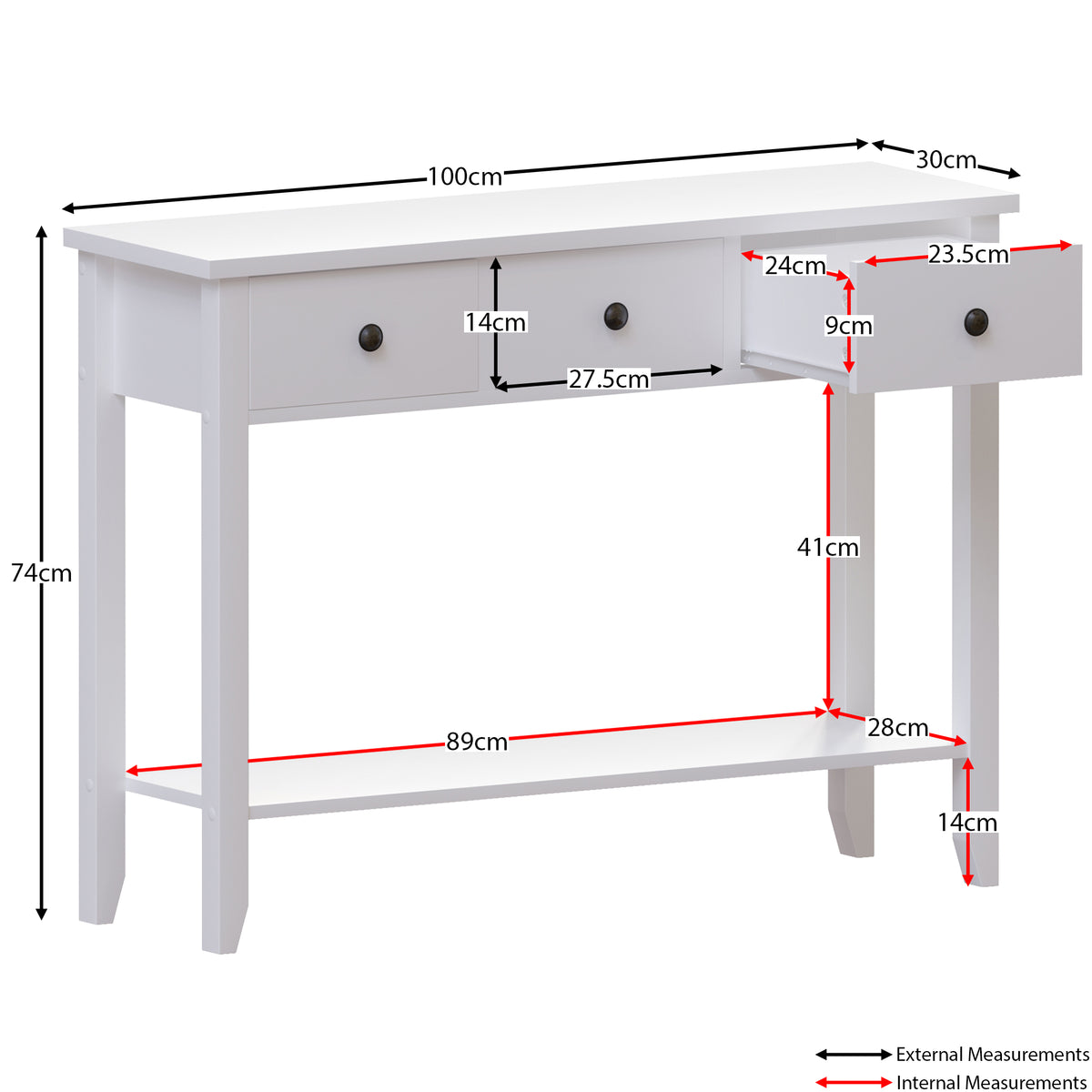 Windsor 3-Drawer Console Table - White