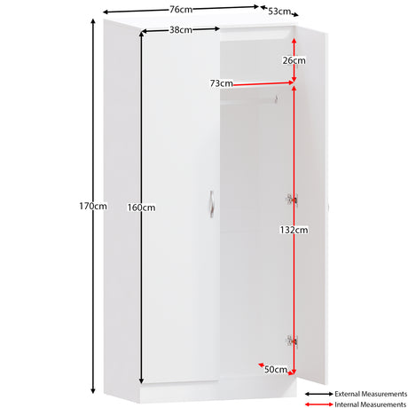 Riano 2 Door Wardrobe for Bedroom Storage- white
