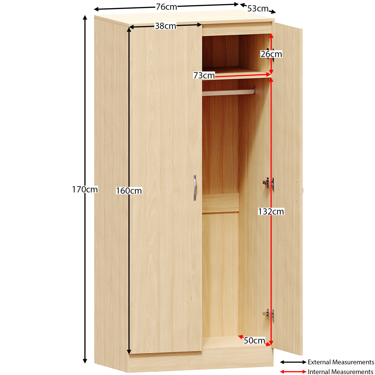 Riano 2 Door Wardrobe for Bedroom Storage - Pine

