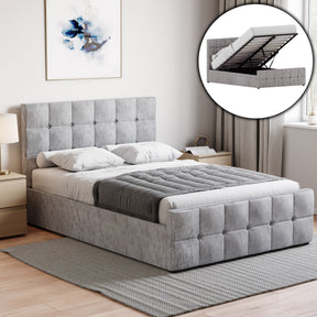 Valentina Double Crushed Velvet Ottoman Bed, Silver upholstered ottoman bed with lift-up storage
