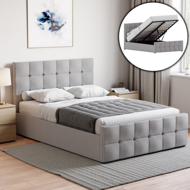 Valentina Double Linen Ottoman Bed, Light Grey upholstered ottoman bed with lift-up storage
