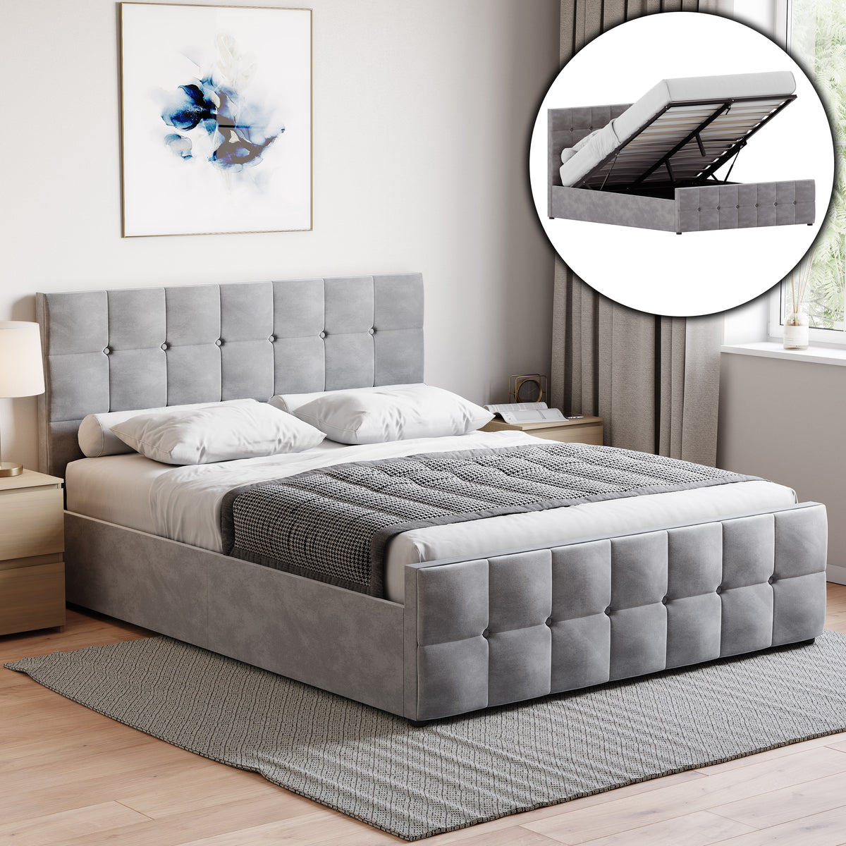 Valentina King Size Velvet Ottoman Bed, Light Grey UKFR