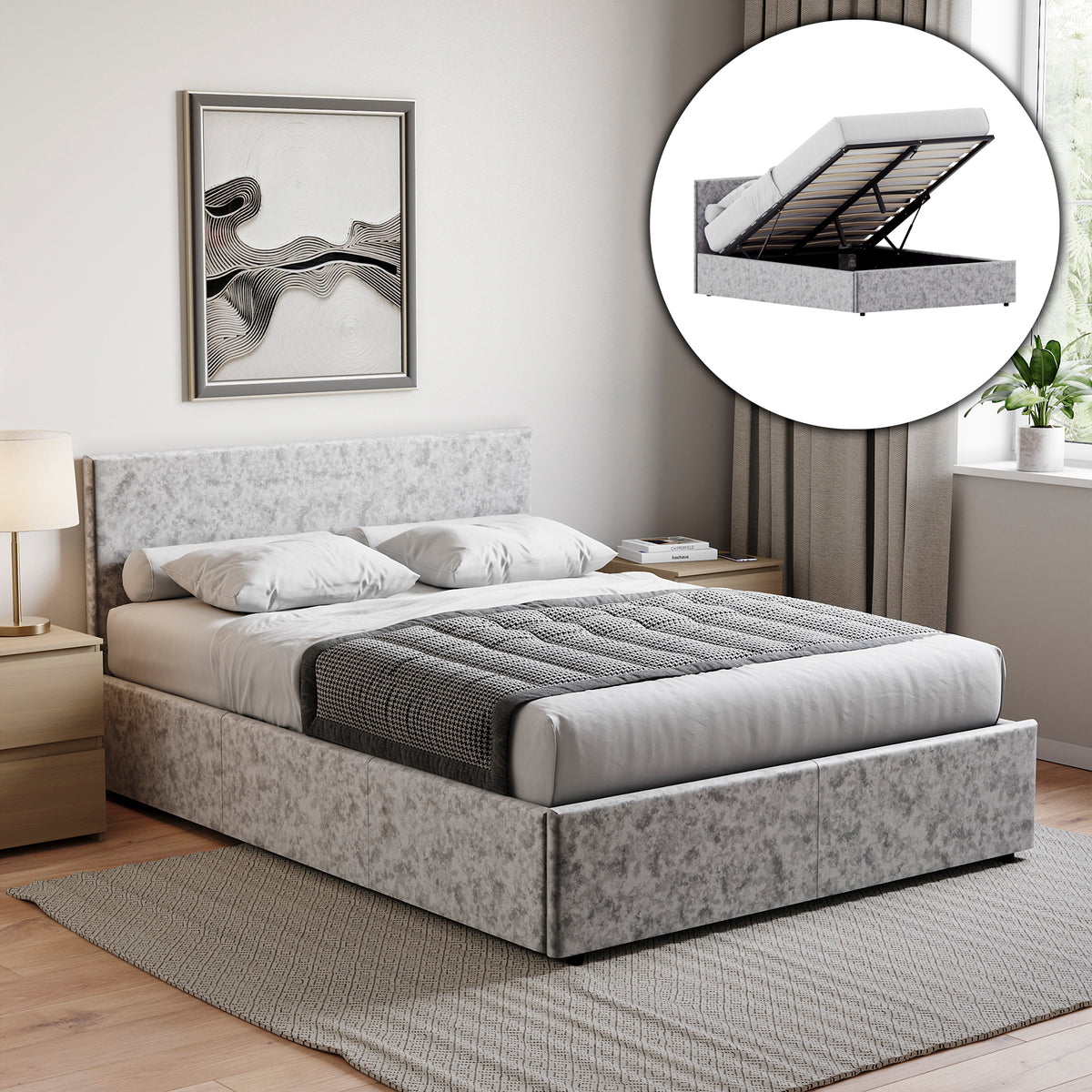 Veronica Double Velvet Ottoman Bed, Silver UKFR