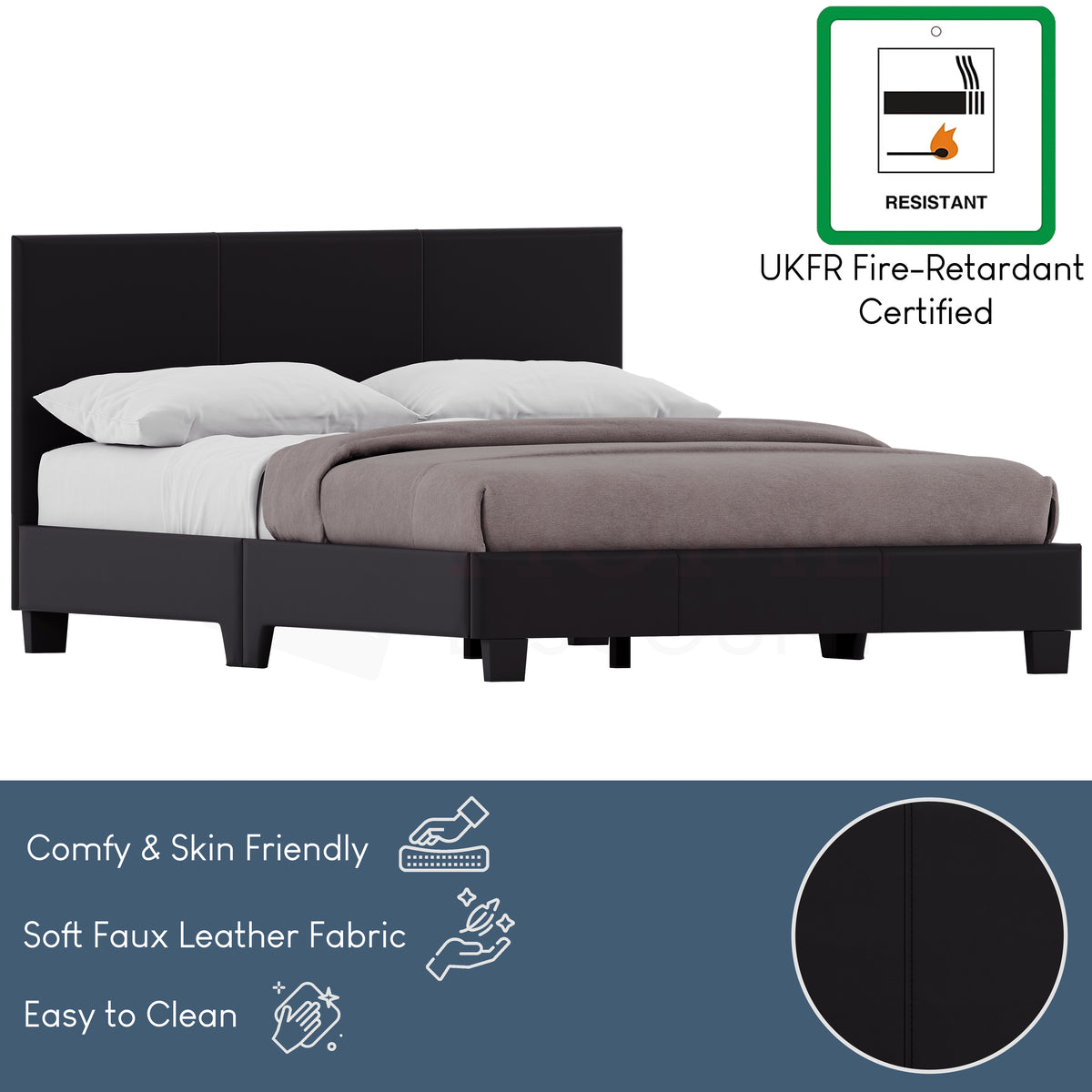 Lisbon King Size Faux Leather Bed, Black UKFR