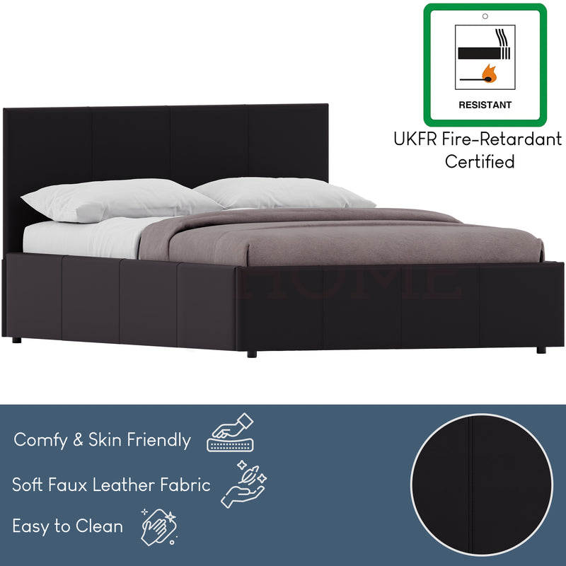 Lisbon Double Ottoman Faux Leather Bed, Black UKFR