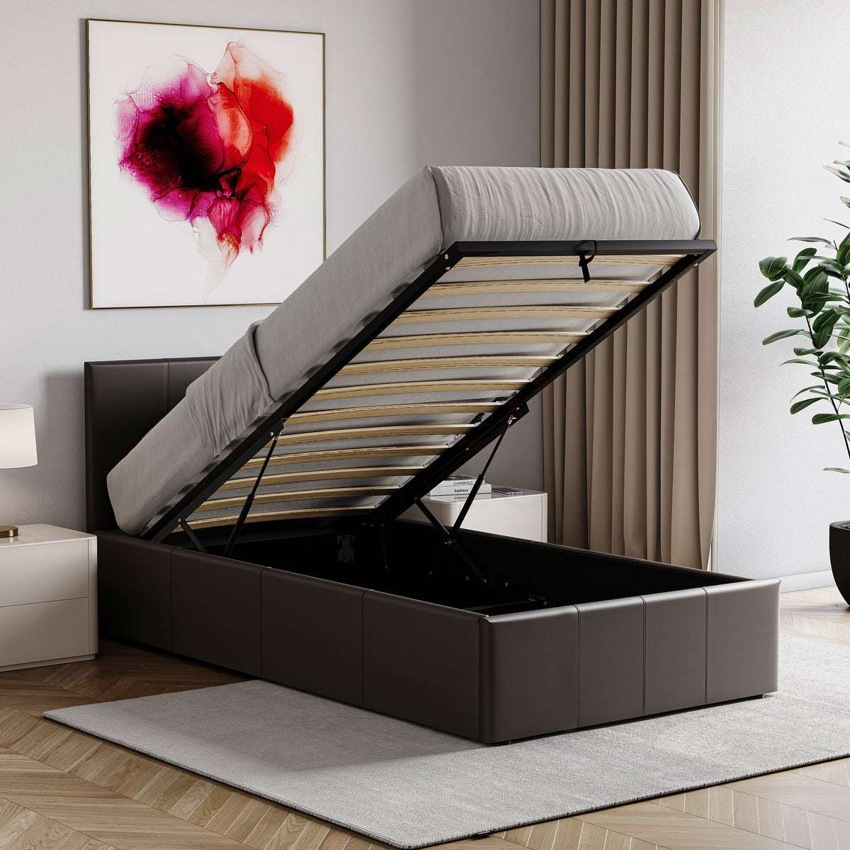Lisbon Single Ottoman Faux Leather Bed, Brown UKFR