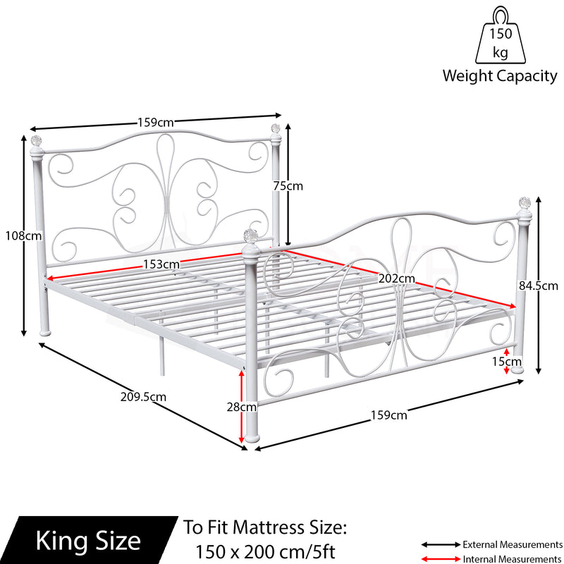 Chicago King Size Metal Bed - White