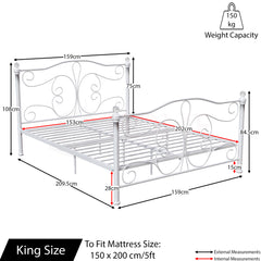 Chicago King Size Metal Bed - White