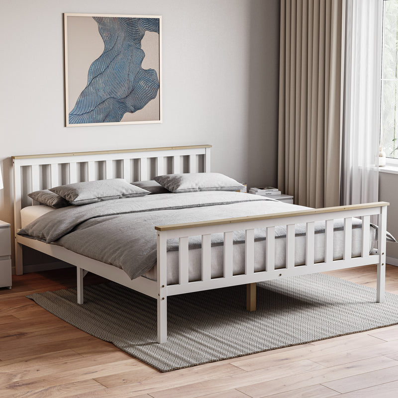 Milan King Size Wooden Bed, High Foot, White & Pine