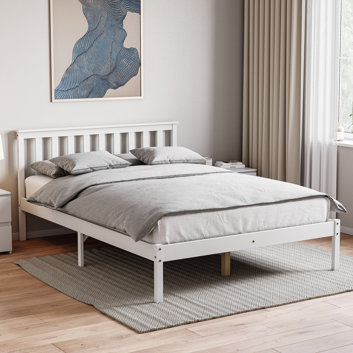 Milan Double Wooden Bed, Low Foot, White
