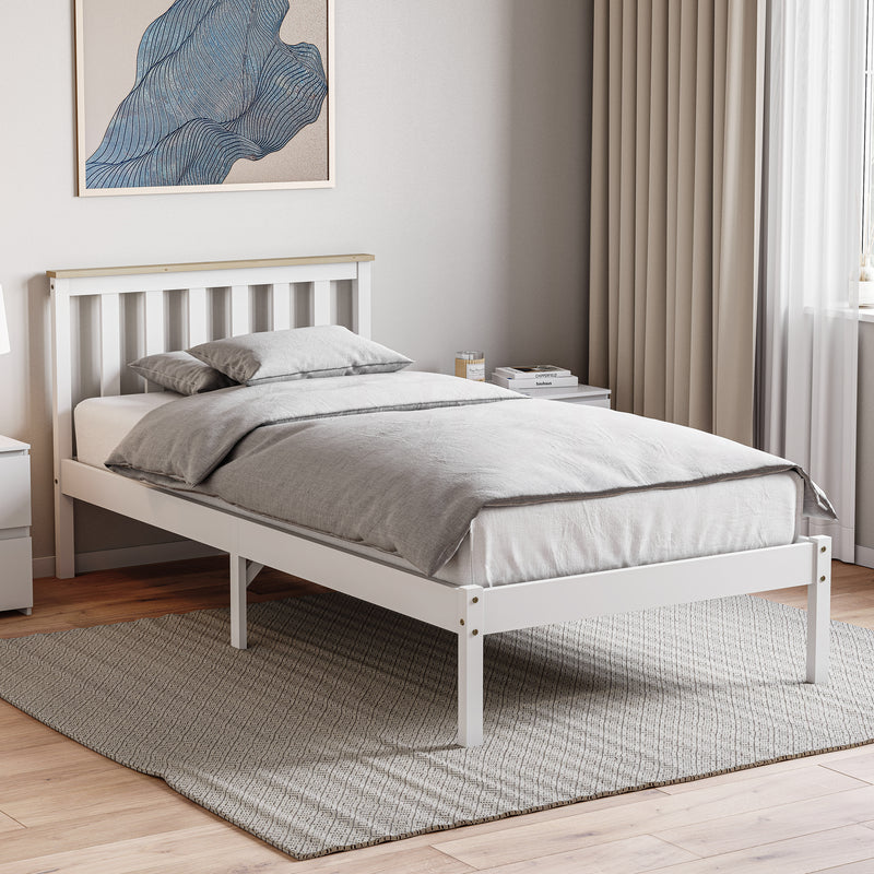 Milan Single Wooden Bed, Low Foot, White & Pine