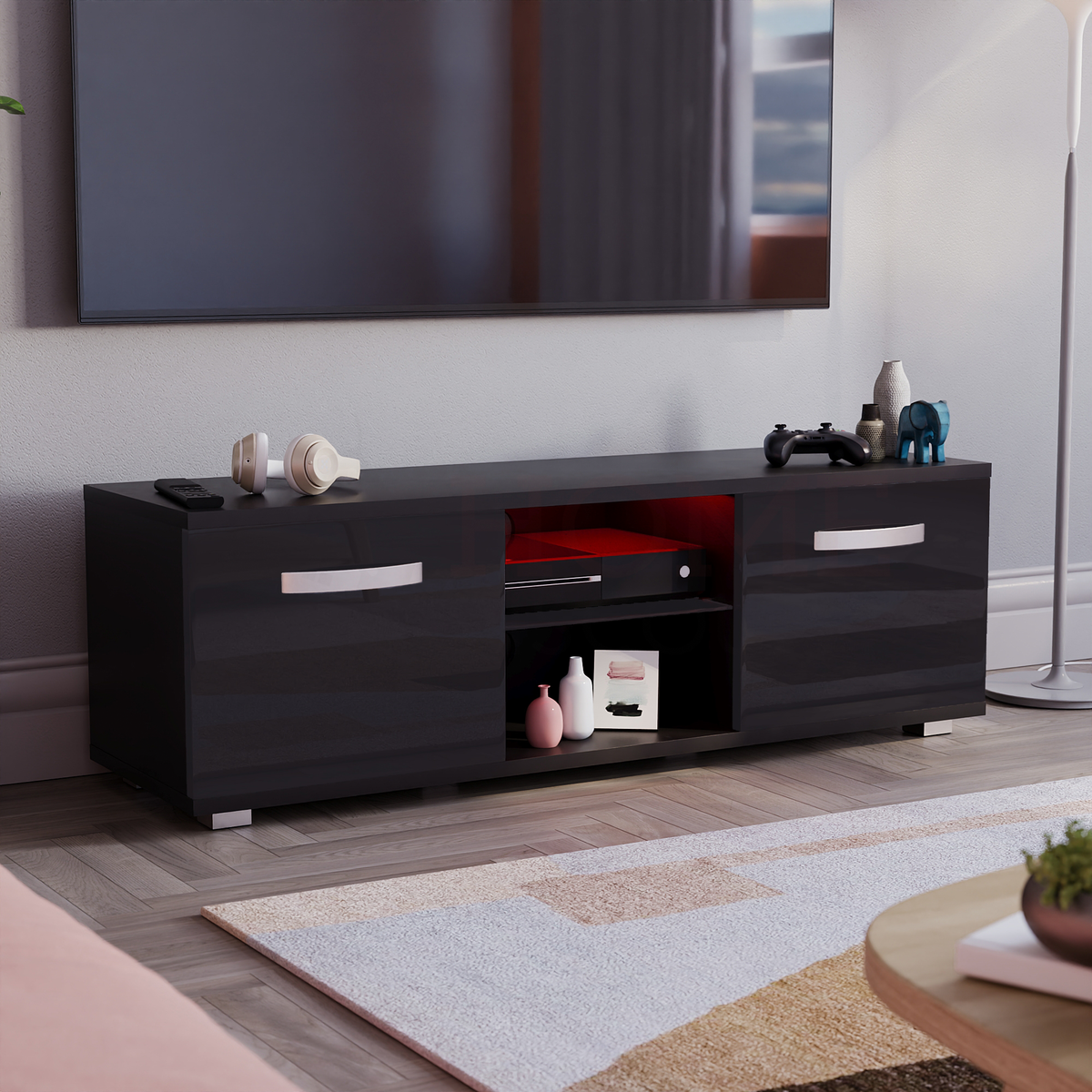 Cosmo 2-Door LED TV Unit, 120cm - Black
