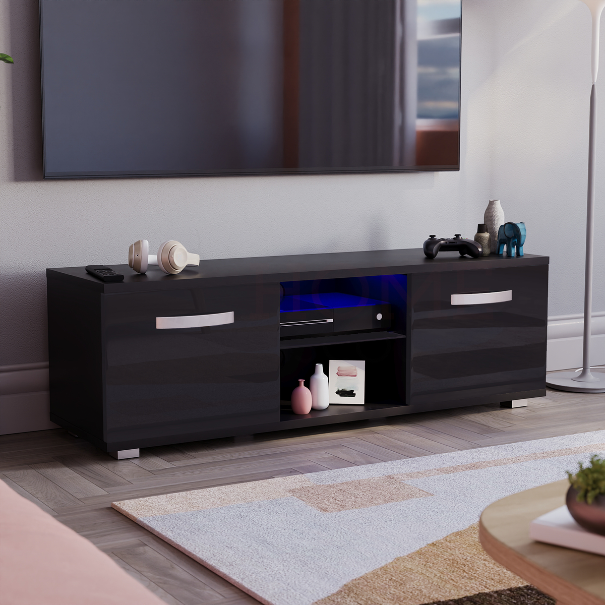 Cosmo 2-Door LED TV Unit, 120cm - Black