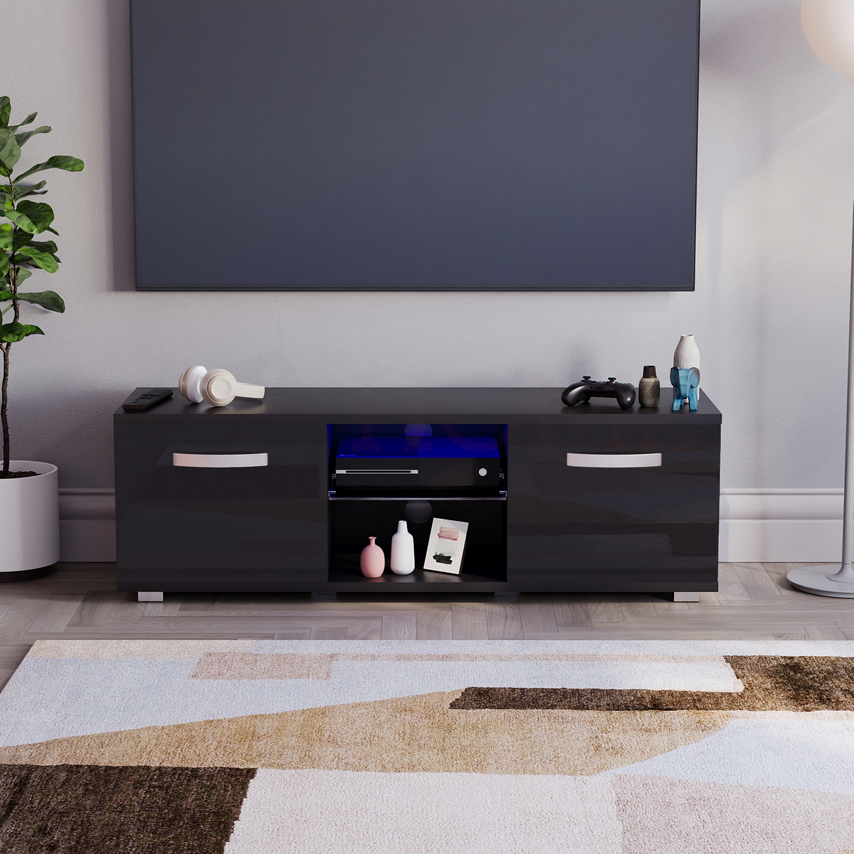 Cosmo 2-Door LED TV Unit, 120cm - Black