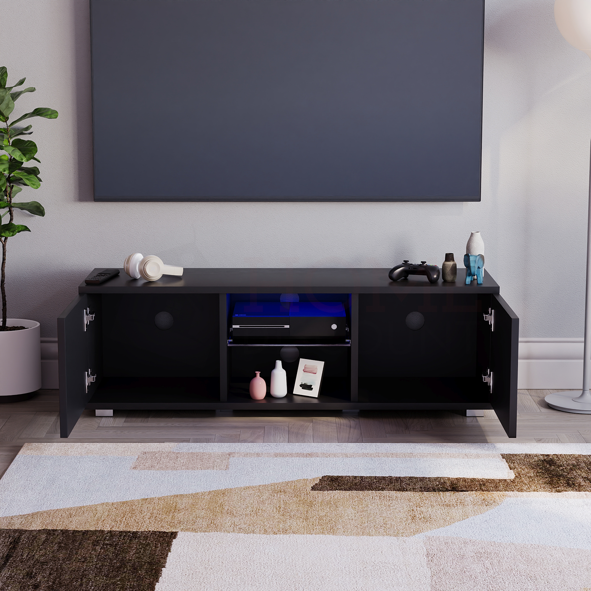 Cosmo 2-Door LED TV Unit, 120cm - Black